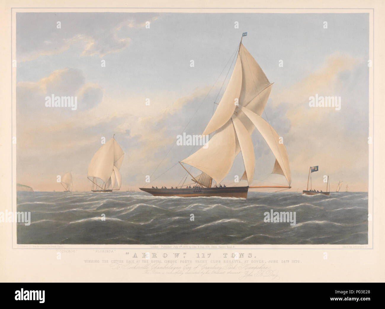 PY 8624. Vom 8. Juli 1878. Tag, John B (Kupferstecher und Verleger); Dutton, Thomas Goldsworth (Stecher); Taylor, Josia (Künstler) 380 Pfeil 117 Tonnen und gewinnen die Cutter Rennen auf dem Royal Cinque Ports Yacht Club Regatta, in Dover, zum 24. Juni 1876. Zu Tankerville Chamberlayne Esq - (Zeigt Kuckuck und Florinda RMG-PY 8624 Stockfoto