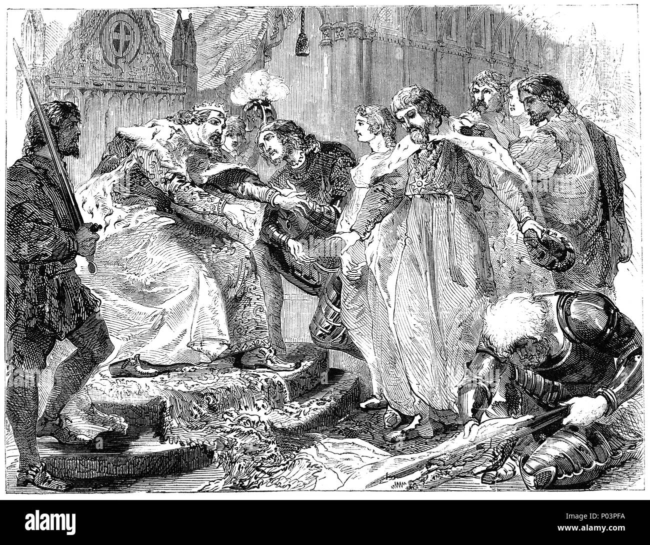 Edward von Woodstock (1330-1376), die Avantgarde in der Schlacht von Crécy geboten hatte, im Jahre 1346. Er war der Schwarze Prinz nach der Schlacht von Crécy, an dem sich eventuell in Schwarz armor accoutred benannt wurde. Im Jahr 1356 er Auvergne, Limousin verwüstet, und Berry aber nicht Bourges zu nehmen. Er präsentierte König Johann II. von Frankreich zu seinem Vater (Edward III.), und Bedingungen des Friedens, sondern John weigerte sich als Preis für ihre Akzeptanz zu übergeben. Dies führte zu der Schlacht von Poitiers, wo Prinz Edward's Armee der Französischen verlegt und nahm König Johannes gefangen. Stockfoto