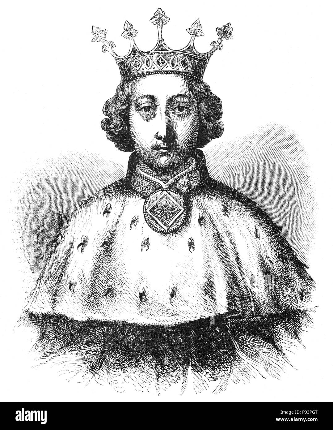 Ein Porträt von Richard II. (1367-1400), auch bekannt als Richard von Bordeaux, wurde König von England von 1377, bis er im Jahr 1399 abgesetzt wurde. Richard, war ein Sohn von Edward der schwarze Prinz, auf dessen Tod vor dem Tod von Edward III, Richard wurde der Thronfolger auf den Thron und es gelang ihm im Alter von 10 Jahren. Während der ersten Jahre von Richard als König, Regierung war in den Händen einer Reihe von Räten. Die meisten der Adel zog es vor, diese zu einem Regency geführt von des Königs Onkel, John von Gaunt, noch hagerer sehr einflussreich geblieben. Stockfoto