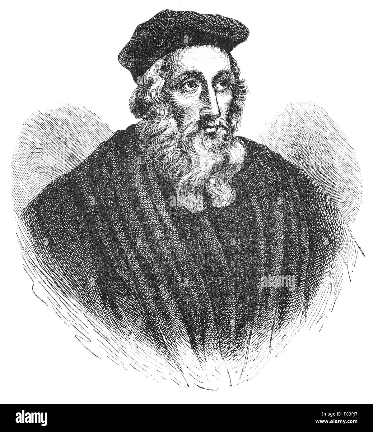 Ein Portrait von John Wycliffe (1320-1384), ein englischer gelehrter Philosoph, Theologe, Übersetzer der Bibel, Reformer, englischer Priester, und ein Seminar Professor an der Universität von Oxford. Er war ein einflussreicher Dissidenten in der Römisch-katholischen Priestertums während des 14. Jahrhunderts und gilt als wichtiger Vorläufer der Protestantismus. Er war auch ein Fürsprecher für die Übersetzung der Bibel in die Volkssprache. Er absolvierte eine Übersetzung direkt aus der Vulgata in Mitte Englisch im Jahr 1382, nun als Wycliffes Bibel bekannt. Stockfoto