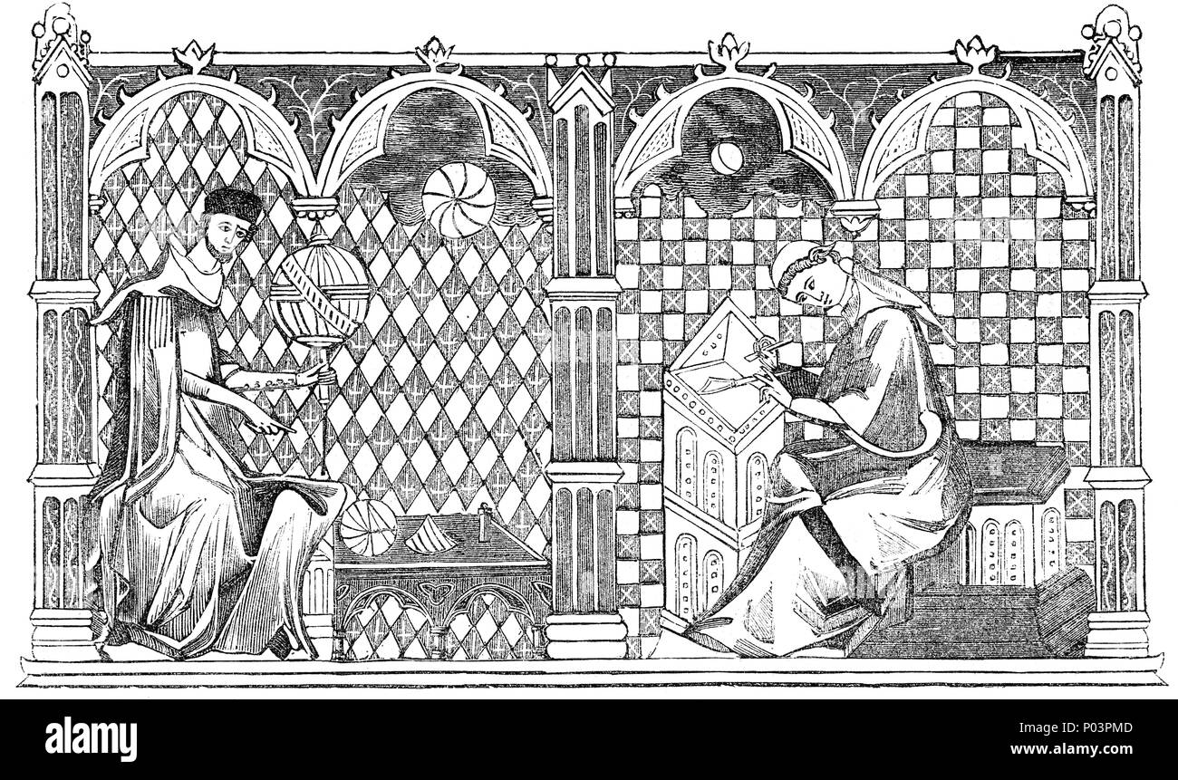Gautier de Metz war ein französischer Priester und Dichter, vor allem für das Schreiben der enzyklopädischen Gedicht L'Image du Monde oder "Das Bild der Welt" im Januar 1245 bekannt. Eine teilweise Illustrierte enzyklopädische Arbeit über die Schöpfung, die Erde und das Universum, wobei Fakten mit Fantasy gemischt. Es wurde aus dem Lateinischen ins Französische im Jahr 1245 und in viele andere Sprachen im Mittelalter übersetzt. Im Jahre 1480 veröffentlichte William Caxton eine englische Übersetzung des Buches "Myrrour der Welt", der ersten englischen Buch mit Illustrationen zu gedruckt werden und war eine der frühesten englischen Enzyklopädien. Stockfoto