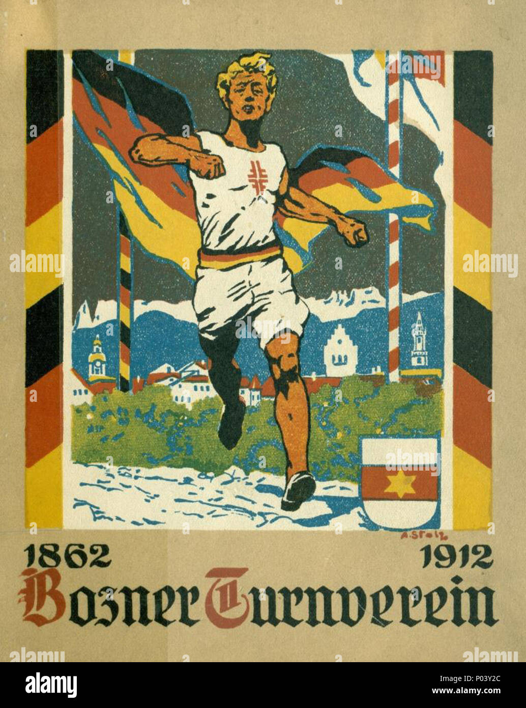 . English: "Bozner Turner. Titelbild der Festgabe des Turnvereins Bozen zu seinem 50. Gründungsfest am 15. und 16. Juni 1912". 15. Juli 1912. Eisenstecken 16 Bozner Turner Stockfoto