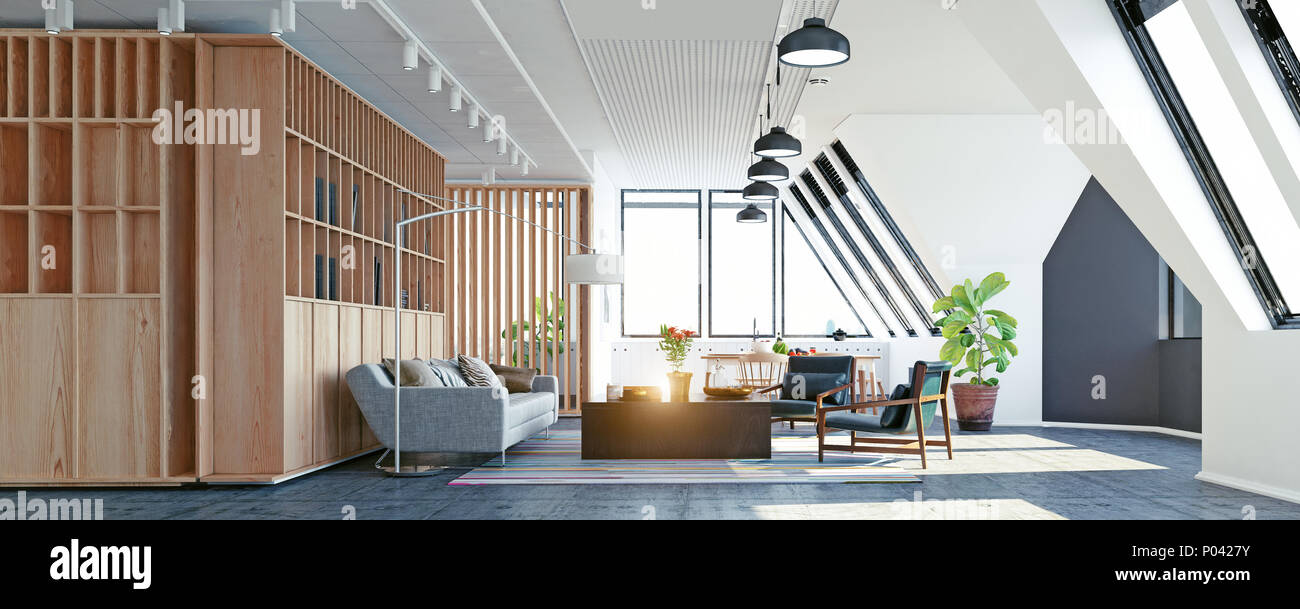 Moderne Loft Apartment im Dachgeschoss Design Konzept. 3D Rendering illustration Stockfoto
