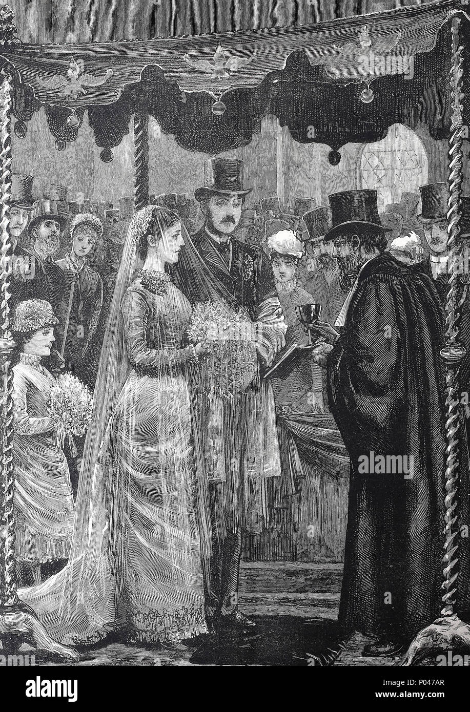 Die Ehe der britischen Banker Herr Leopold de Rothschild und Marie Perugia in der zentralen Synagohe, Great Portland Street, 1881, digital verbesserte Reproduktion einer Vorlage drucken aus dem Jahr 1881 Stockfoto