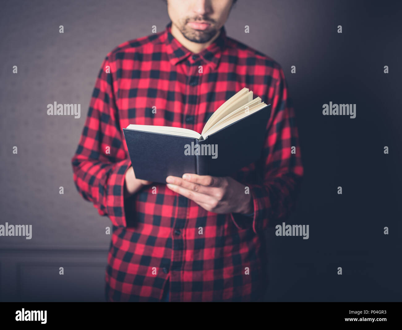 Ein junger Mann mit einem roten Flanellhemd ist das Lesen eines Buches in ein luxuriöses Wohnzimmer Stockfoto