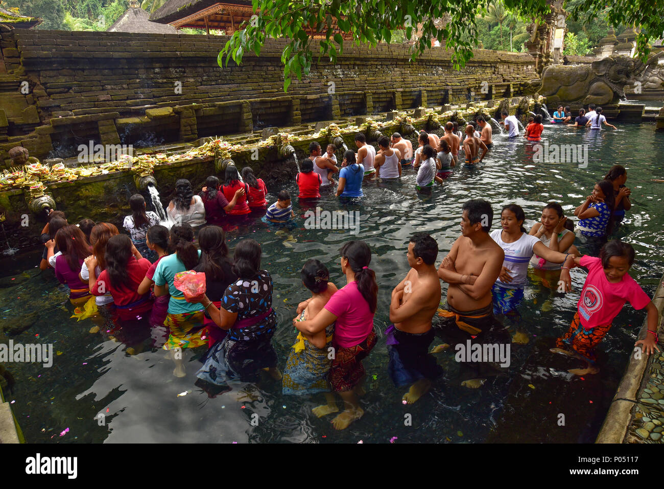 Pilger im Heilwasserpool in Pura Tirta Empul, einem hinduistisch-balinesischen Wassertempel in Bali, Indonesien Stockfoto