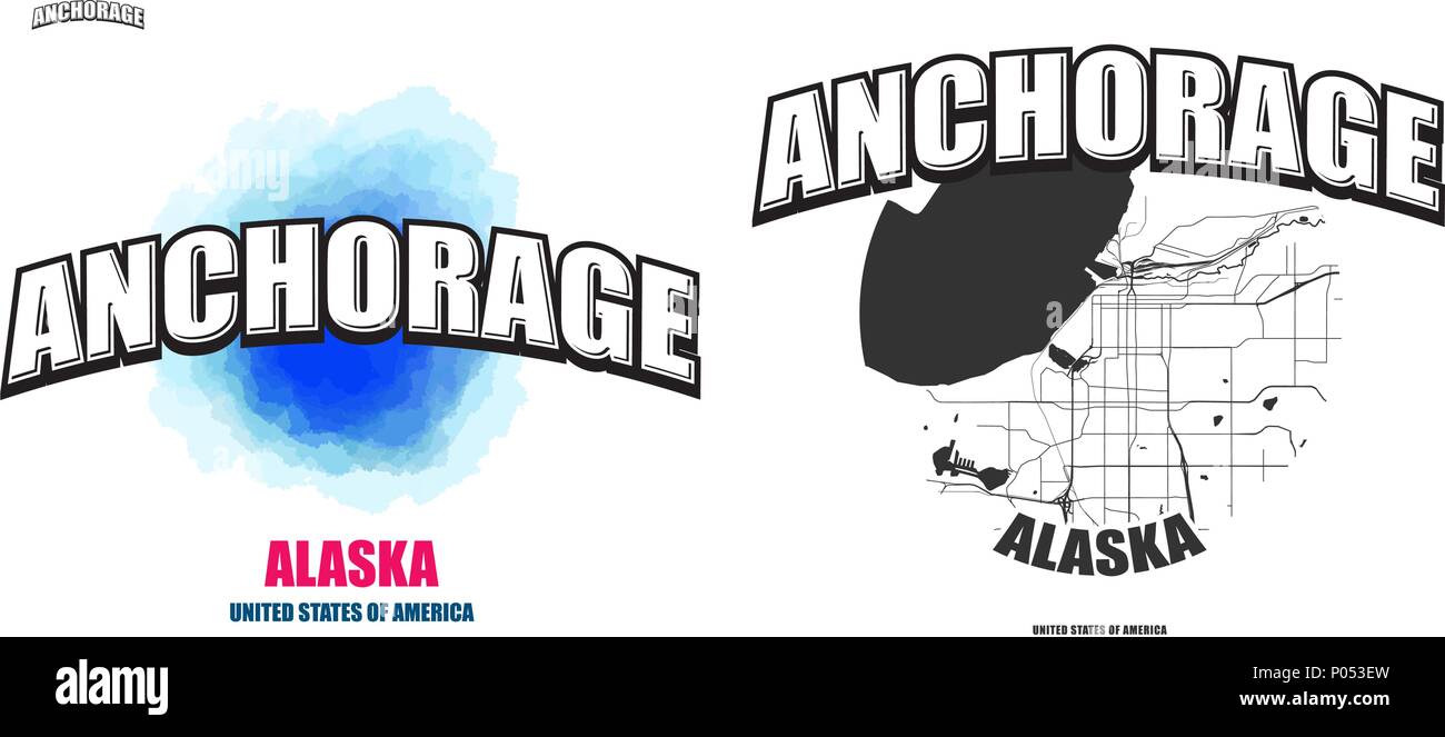 Anchorage, Alaska, Logo Design. Zwei in einem Vektor Kunst Großes Logo mit Vintage Briefe mit schönen farbigen Hintergrund und eine - Farbe - Version mit Karte für Stock Vektor