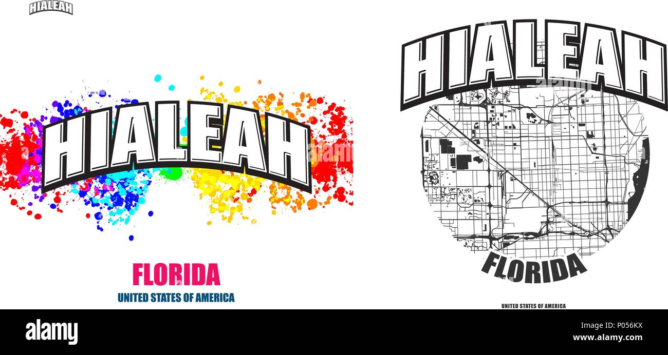 Hialeah, Florida, Logo Design. Zwei in einem Vektor Kunst Großes Logo mit Vintage Briefe mit schönen farbigen Hintergrund und eine - Farbe - Version mit Karte für e Stock Vektor
