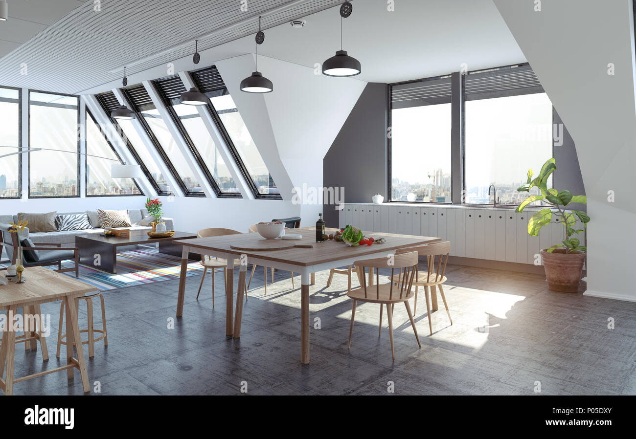 Moderne Loft Apartment im Dachgeschoss Design Konzept. 3D Rendering illustration Stockfoto