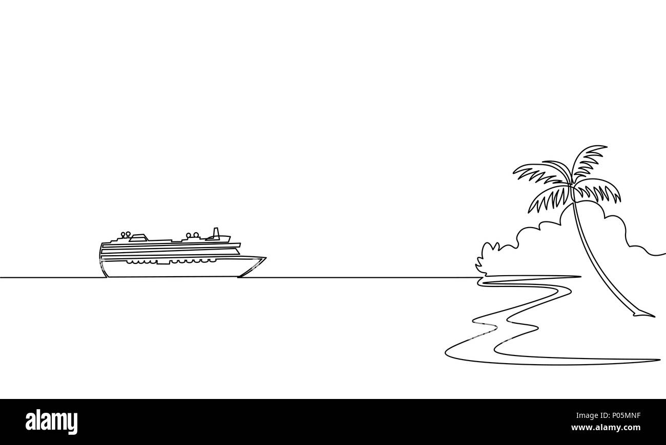 Einzelnen kontinuierlichen eine Zeile kunst Meer reisen urlaub. Seereise Urlaub tropische Insel Schiff Liner Kreuzfahrt Reise Konzept Design Skizze skizzieren drawi Stock Vektor