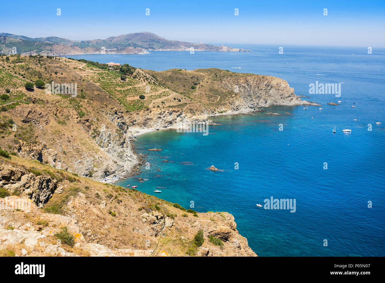 Felsigen Ufer in Marine Reserve von Banyuls Cerbere, Mittelmeer, Pyrenees Orientales, Cote Vermeille, Frankreich Stockfoto