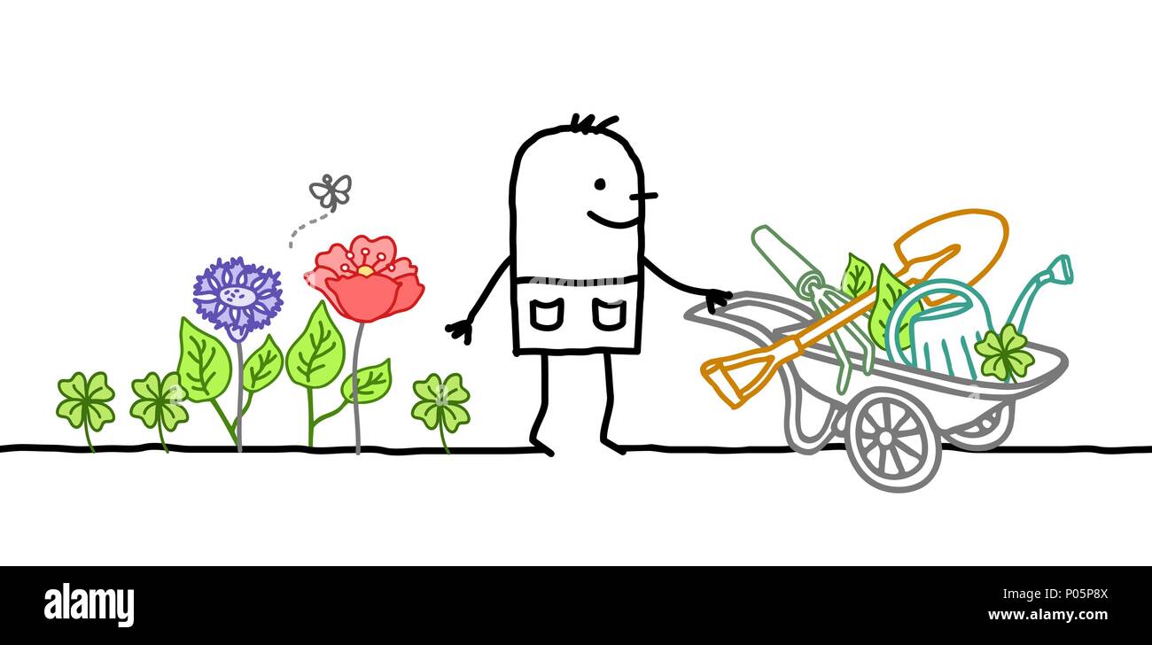 Cartoon Gärtner mit Schubkarre, Blumen und Tools Stock Vektor