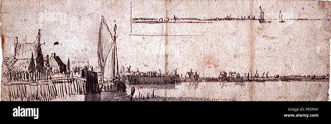 . Englisch: ein niederländisches Dorf mit einem smalschip neben einer ufermauer auf der linken Seite ist das Meer die Wand von einem Dorf, mit einer smalschip segeln entlang in Steuerbord Bug anzeigen. Die Mauer läuft weg auf der rechten Seite mit offenen Land jenseits des Dorfes Ende, über das ruhige Wasser dazwischen. Oben rechts gibt es einen kleinen Blick auf ein Dorf, an einem Fluss oder Küste. Diese Arbeit ist eine von einer Gruppe von zwölf Zeichnungen von Shore Szenen oder entfernten Blick auf die Küste in Stift und Bister (PAE PAE 5158, 5159, 5160, 5161 PAE PAE PAE PAE, 5162, 5163, 5164, PAE PAE 5165, PAE PAE 5166, 5167, 5168, PAE PAE 5169). Es ist wahrscheinlich aus Stockfoto