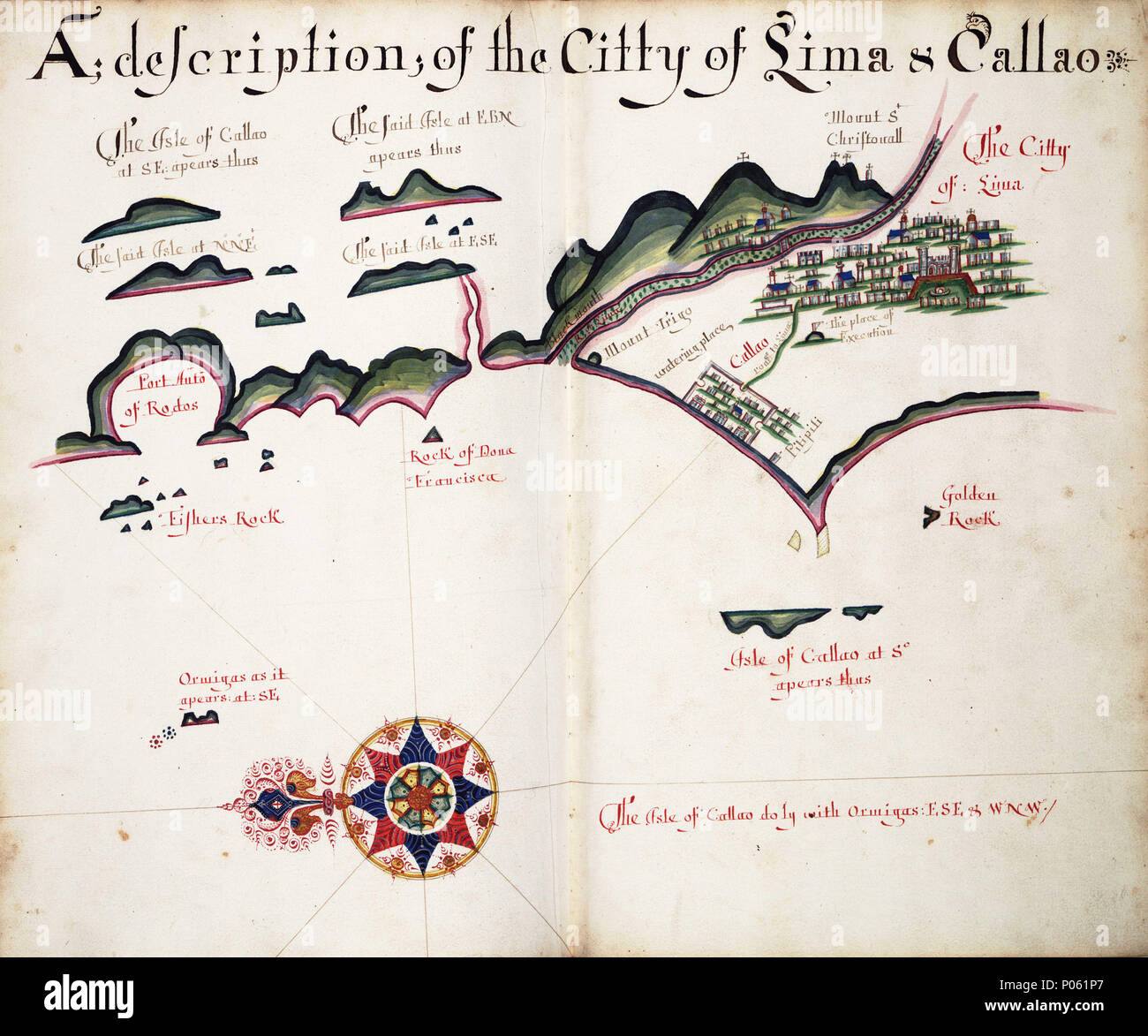 . Englisch: Eine Beschreibung der Citty von Lima & CallaoBound Blatt. Kol. ms. Weitere Orte: Peru. Inhalt Hinweis: Städte dargestellt. Blick auf die Inseln. Gebunden in "Wagoner, der South Sea describeing der Küste von Acapulco zu Albemarle isle", eine englische Übersetzung eines Spanischen derrotero von der spanischen Schiff "Rosario" durch Kapitän Bartholomew Sharpe 1680 gefangen. Hack gemacht, mehrere Kopien dieses Atlas. Dieses war zu James II. vorgestellt P/33 (97) Lima und Callao, Hack. 1685. Hack, William 84 eine Beschreibung der Citty von Lima und Callao RMG-F 1894 Stockfoto