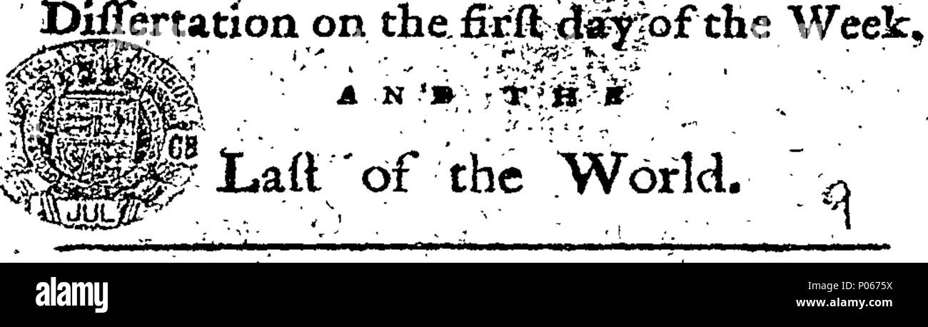 . Englisch: Fleuron aus Buch: eine Dissertation am ersten Tag der Woche und die letzte der Welt: oder, eine schöne Diskant am Tag des Gerichts. Durch einen jungen Mann in der Gottheit, Student an der Universität von Cambridge. 95 eine Dissertation am ersten Tag der Woche und die letzte der Welt - oder, eine schöne Diskant am Tag des Gerichts Fleuron T 120555-1 Stockfoto