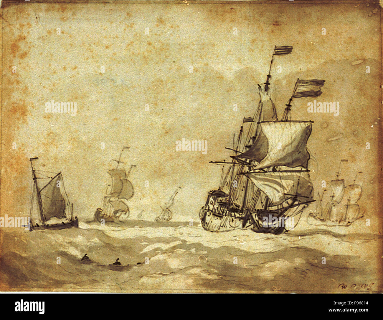 . Englisch: ein Holländisches Flaggschiff in eine frische Brise der Zeichnung, die um 1675 datiert wurde, mit Graphit und grau Autowäsche, die mit Feder und Tinte gestärkt wurde. Es ist in brauner Tinte "W. V. V. J. unterzeichnet" in der rechten unteren Ecke. Van de Velde hat wäscht mit Bereichen der weißen Papier kombiniert dramatische Lichteffekte im Meer zu empfehlen verwendet, und die Zeichnen, obwohl klein, ist voll von Barock. Wenn die Datierung korrekt ist, van de Velde würde Leben wurden in Greenwich an der Zeit, dass es gemacht wurde. Die niederländische Gegenstand der Zeichnung könnte werfen die Frage auf, ob die Jüngere Stockfoto