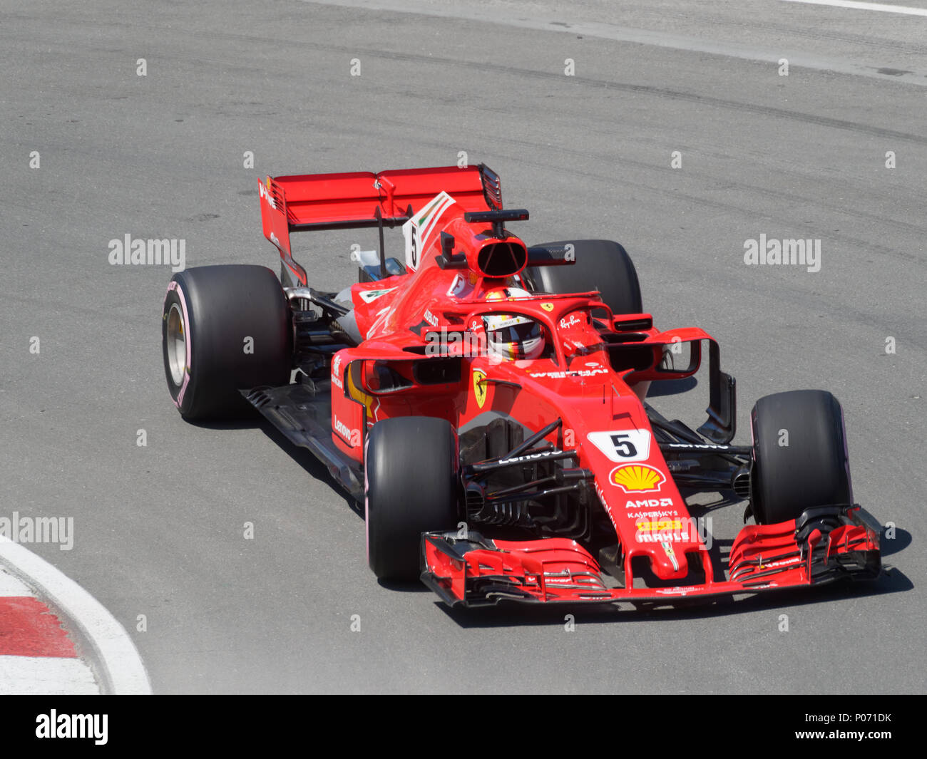 Montreal, Kanada 6/8/2018. Sebastian Vettel von Deutschland für die Scuderia Ferrari während der freien Training für die Formel 1 Grand Prix von Kanada, Circuit Gilles-Villeneuve. Credit: Richard prudhomme/Alamy leben Nachrichten Stockfoto
