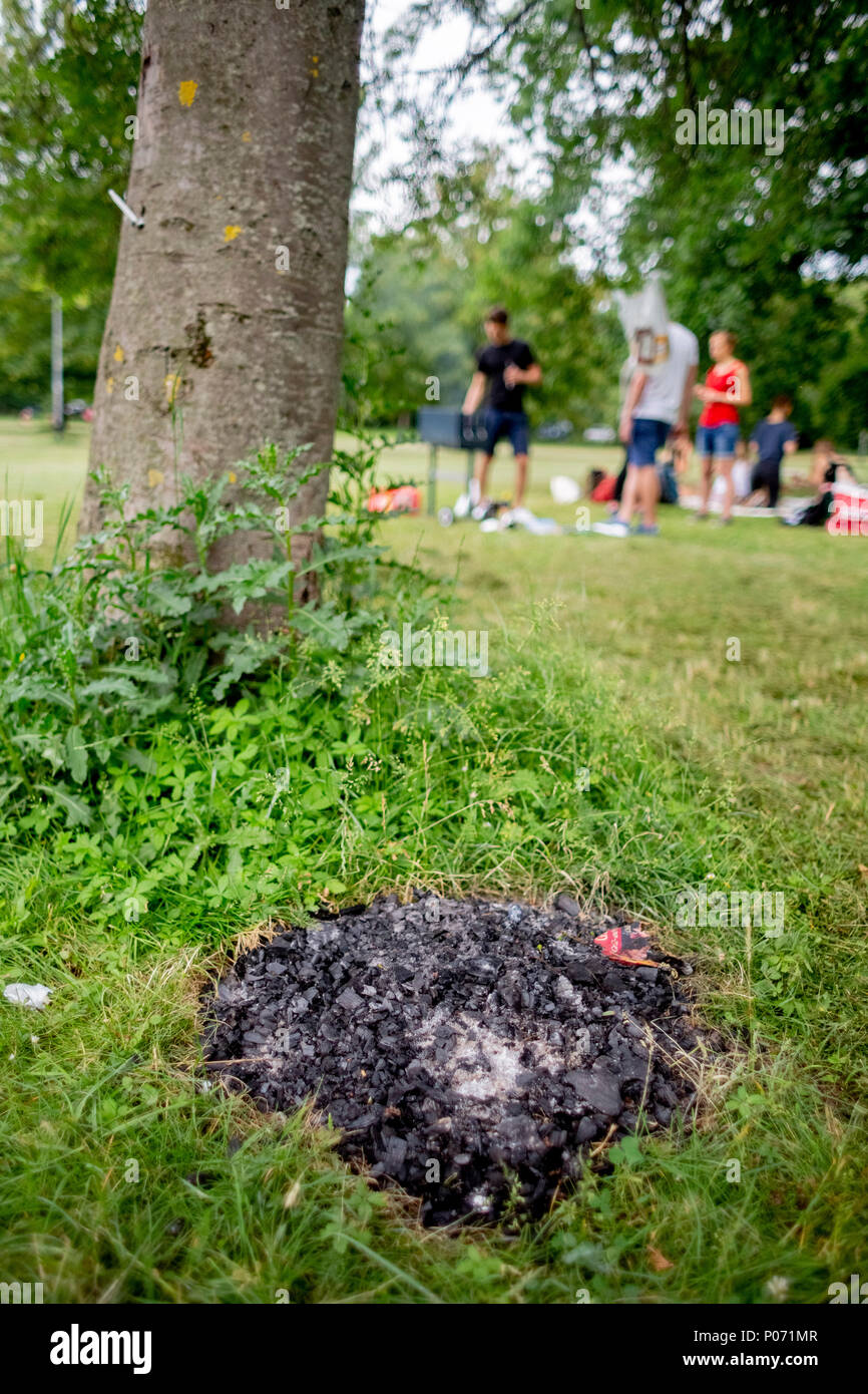 07 Juni 2018, Deutschland, Erfurt: die Asche eines verbrannten Grill Feuer  auf einer Wiese im Nordpark in Erfurt. Foto: Christoph Soeder/dpa  Stockfotografie - Alamy