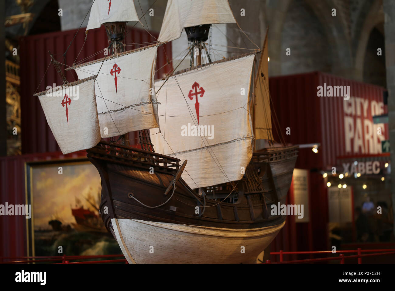 Modell Nao Victoria. Spanisch Carrack. 1. in die Welt umrunden, mit Magellan. 1519-1522. Barcelona Maritime Museum. Spanien. Stockfoto