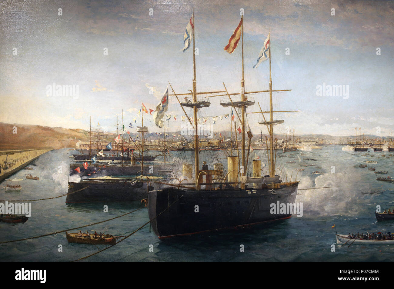 Die ausländischen Flotten in Barcelona im Jahre 1888. Kriegsschiffe. Malerei von Emilio Sivilla. Detail. Barcelona Maritime Museum. Spanien. Stockfoto