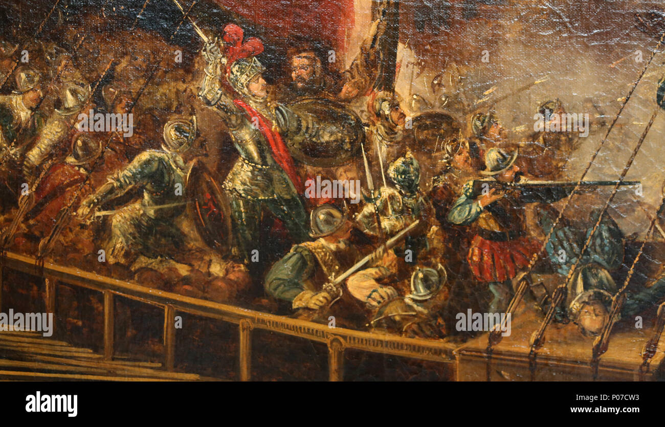 Schlacht von Lepanto, Octuber 1571. Holly Liga zusammengeschlossen, um gegen die Osmanen. Durch A. Brugada. Detail. Stockfoto