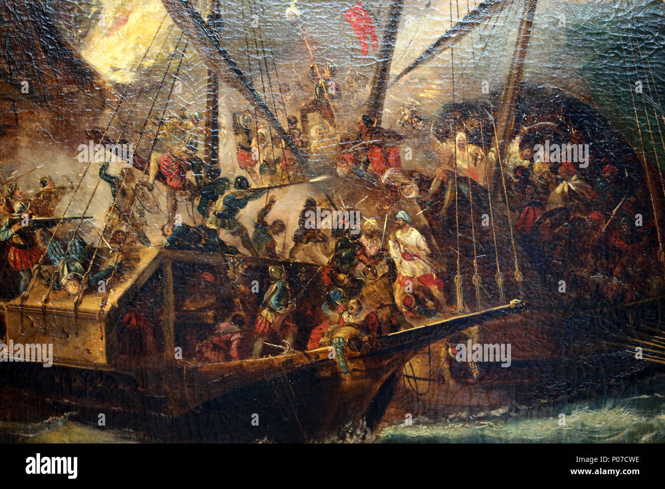 Schlacht von Lepanto, Octuber 1571. Holly Liga zusammengeschlossen, um gegen die Osmanen. Durch A. Brugada. Detail. Stockfoto