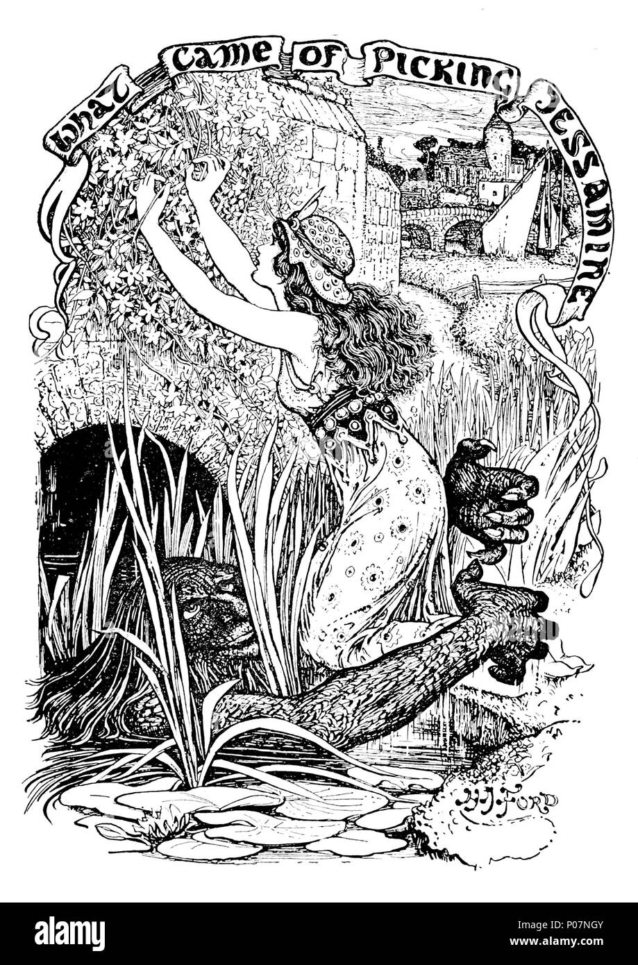 . Português: Ilustração de H. J. Ford ao conto Português' O que Veio de colher Flores para o Die Grauen Märchen Buch de Andrew Lang. . 1900. Henry Ford Gerechtigkeit 43 H. J. Ford - Was kam der Kommissionierung jessamine Stockfoto