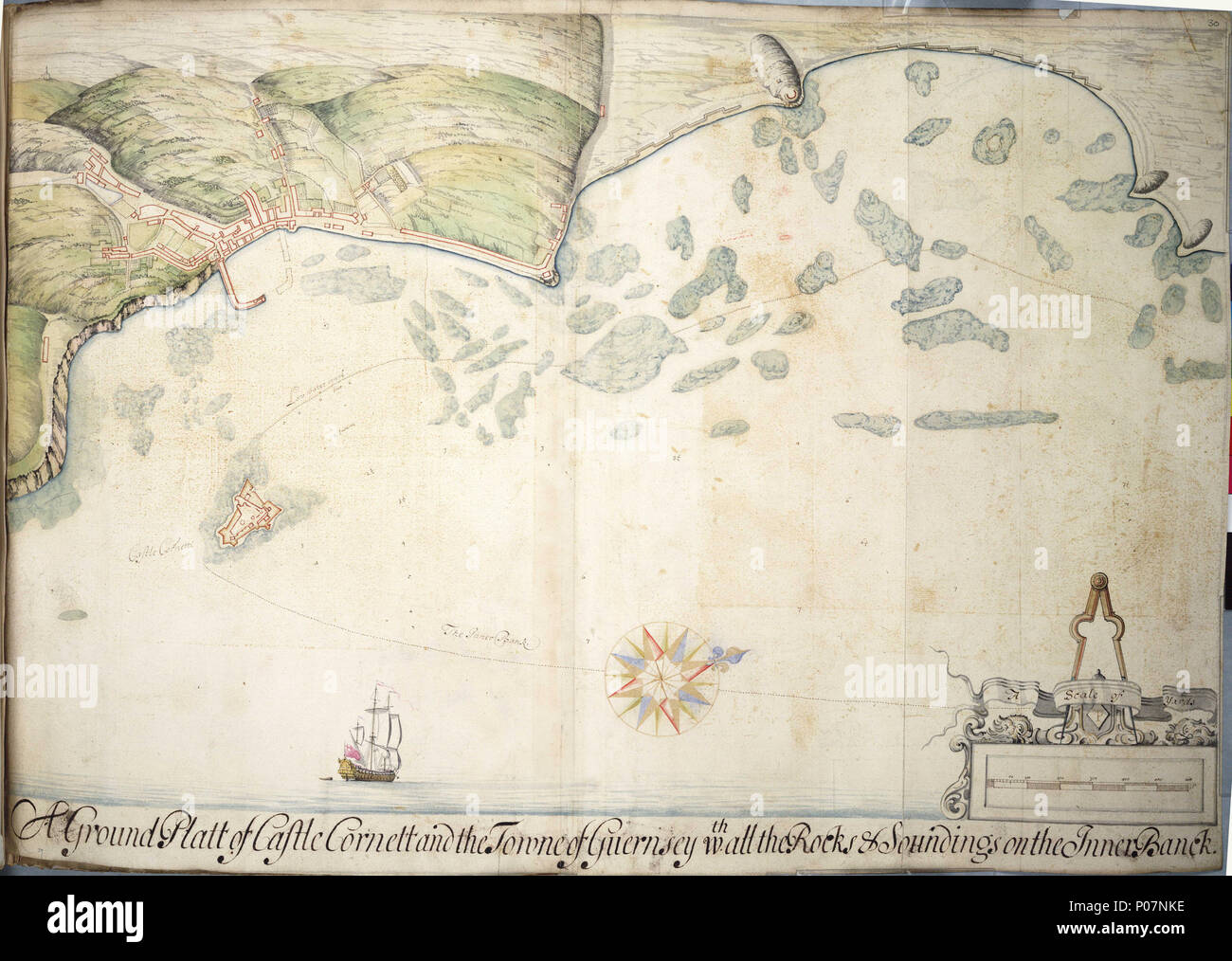 . Englisch: ein Boden platt von Castle Cornet und die towne von Guernsey mit all den Felsen & Sondierungen auf dem Inneren BanckBound Blatt. Kol. ms. Medium: auf Leinen gelegt. Physische Beschreibung Hinweis: durch Wasser beschädigt. Maßstab: [Ca. 1:4 700 (bar)]. Kartografische Hinweis: nördlich von 70 Grad. Soundings und niedrigen Wasser Linie dargestellt. Skala in Yards. Weitere Orte: Channel Islands. Inhalt Hinweis: Gelände in der vogelperspektive dargestellt. Befestigungen und anderen Gebäuden in Plan angezeigt. Vorgeschlagene neue Hafen Mauer bei St Peter Port als gestrichelte Linie gezeichnet. P/48 (30) Platt Castle Cornet. 1680. Phillips, Thomas 111A Stockfoto