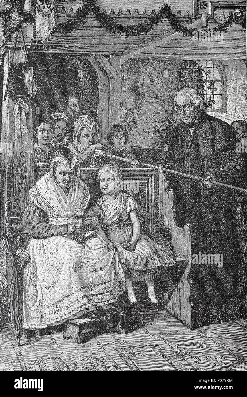 Eine Schlesische Dorf Kirche, Kirche Knecht sammelt Geld für die Kollekte, Polen. Kollekte Illustr. In einer schlesischen Dorfkirche, Polen, Schlesien, digital verbesserte Reproduktion einer Vorlage drucken aus dem Jahr 1881 Stockfoto