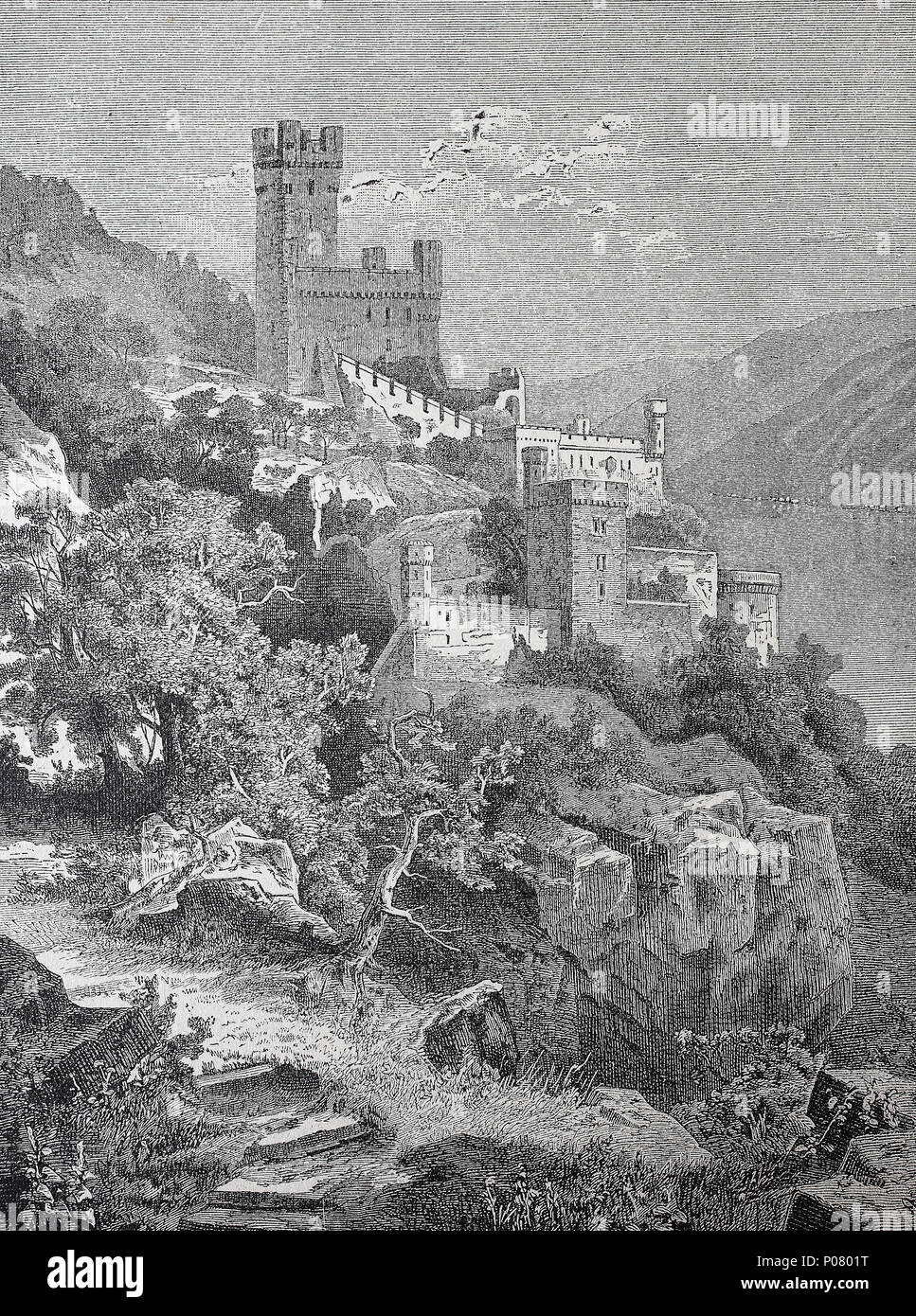 Burg Sooneck, Saneck oder Sonneck Sonneck, Schloss, ein Schloss im oberen Mittleren Rheintal, im Landkreis Mainz-Bingen in Rheinland-Pfalz, Deutschland. Burg Sonneck am Rhein, digital verbesserte Reproduktion einer Vorlage drucken aus dem Jahr 1881 Stockfoto Burg Sooneck, Saneck oder Sonneck Sonneck, Schloss, ein Schloss im oberen Mittleren Rheintal, im Landkreis Mainz-Bingen in Rheinland-Pfalz, Deutschland. Burg Sonneck am Rhein, digital verbesserte Reproduktion einer Vorlage drucken aus dem Jahr 1881 Stockfoto