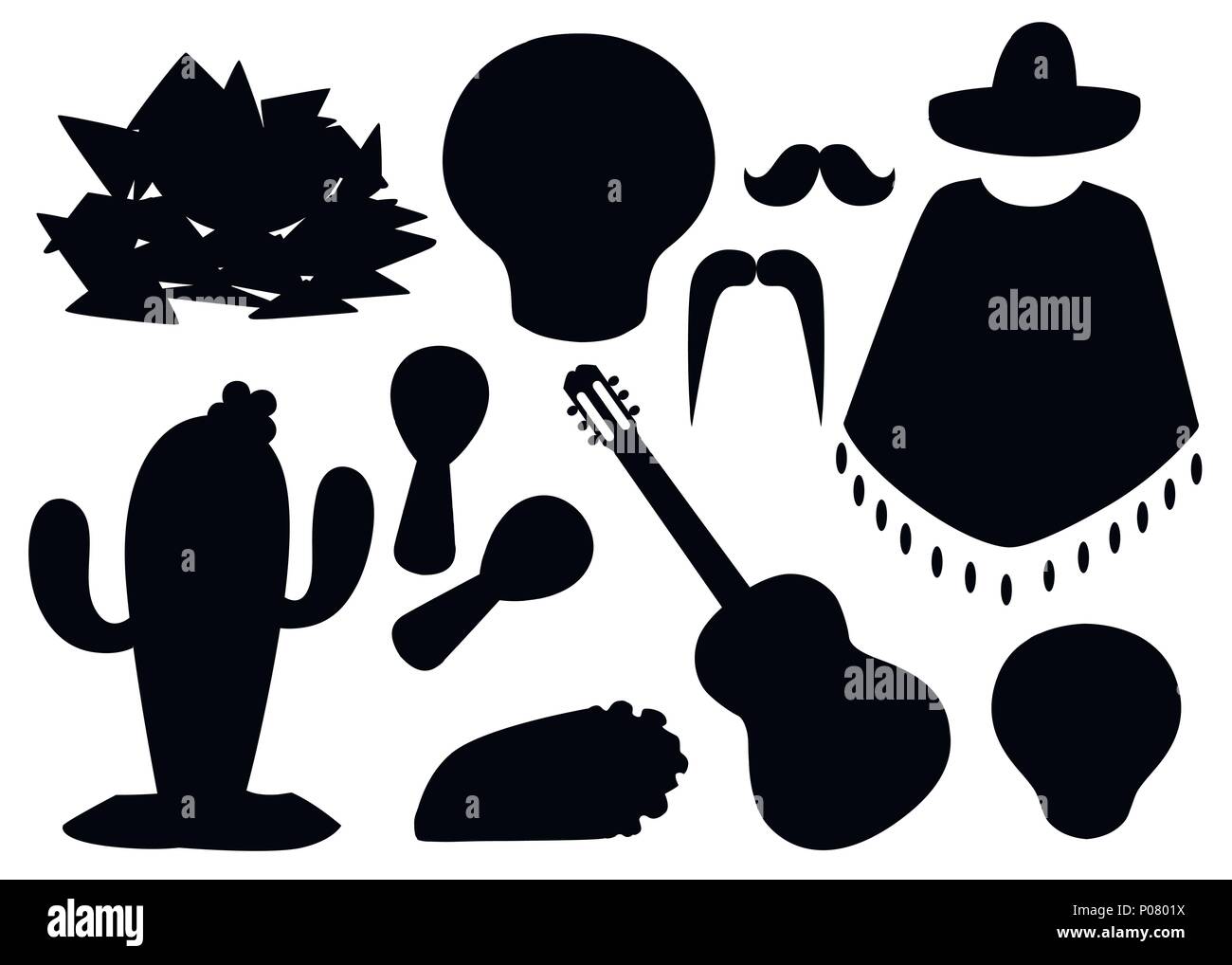 Schwarze Silhouette. Mexiko Symbole. Mexikanische Vector Icons