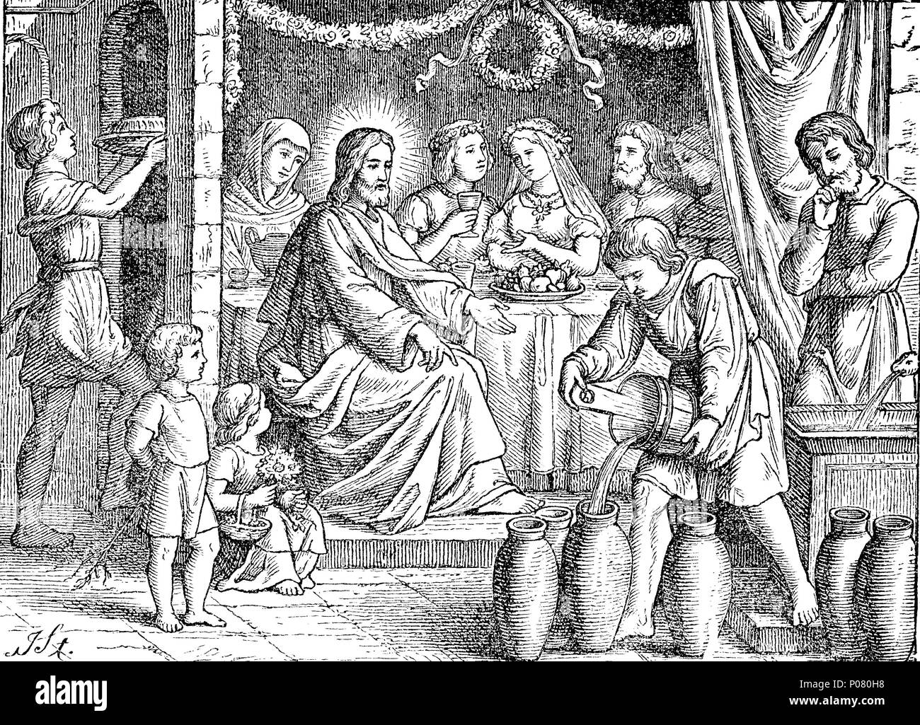 Die Hochzeit zu Kana, die biblische Geschichte der Hochzeit zu Kana, bei der Jesus verwandelt Wasser in Wein, Hochzeit zu Kana, digital verbesserte Reproduktion einer Vorlage drucken aus dem Jahr 1881 sterben Stockfoto