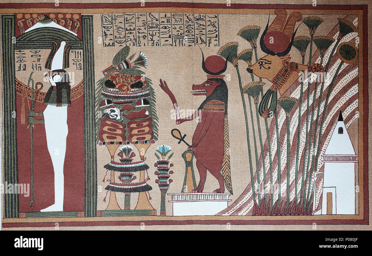 Eine Seite des Papyrus von Ani ist ein Papyrus-Manuskript mit kursiven Hieroglyphen und Farbillustrierungen erstellt c. 1250 BCE, in der Dynastie des Neuen Königreichs des antiken Ägyptens 19., Seite aus einem Ägyptischen Totenbuch, der Ani-Papyrus, digital verbesserte Reproduktion eines Originaldrucks aus dem Jahr 1881 Stockfoto