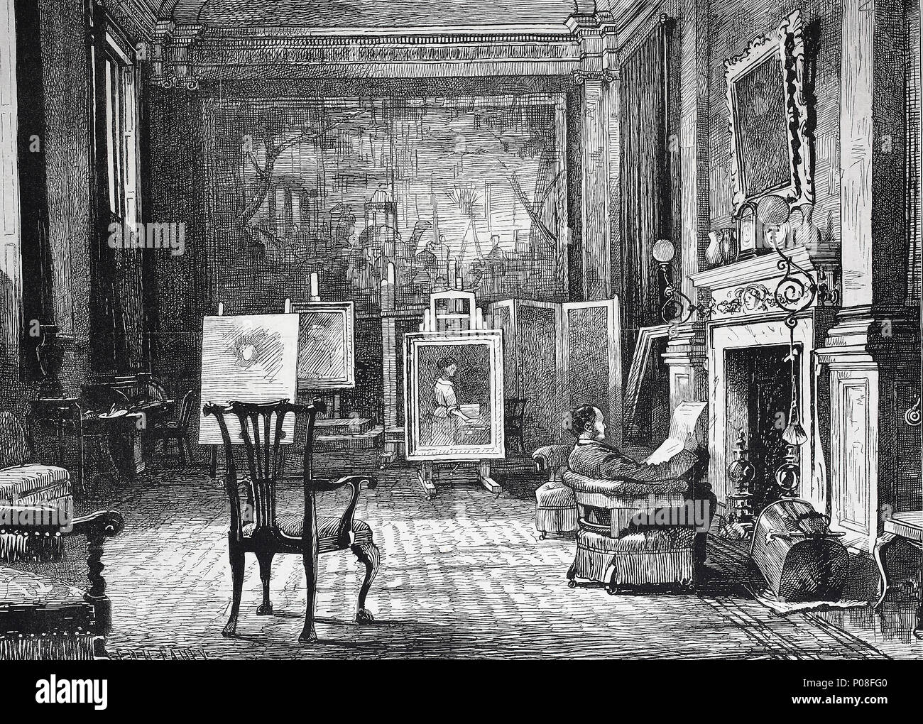 Ein Künstler Studio, Herr J.E. Millais zu Hause. Sir John Everett Millais, 1st Baronet, 1829-1896, war ein englischer Maler und Illustrator, der war einer der Gründer der Pre-Raphaelite Brotherhood, digital verbesserte Reproduktion einer Vorlage drucken aus dem Jahr 1881 Stockfoto