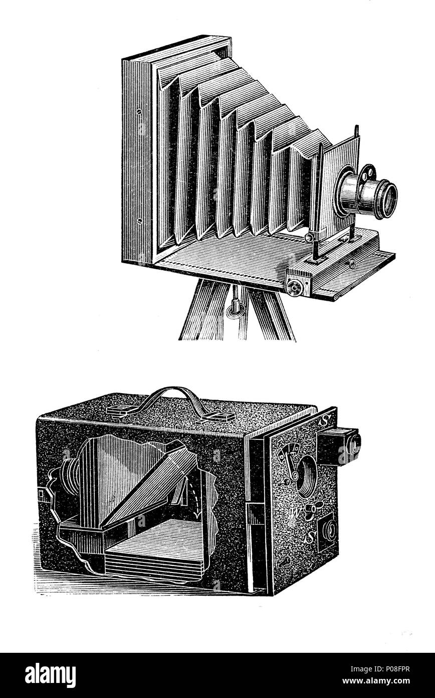 Eine Kamera für Reisende und ein Snapshot Kamera mit Magazin, digital verbesserte Reproduktion einer Vorlage drucken aus dem Jahr 1881 Stockfoto