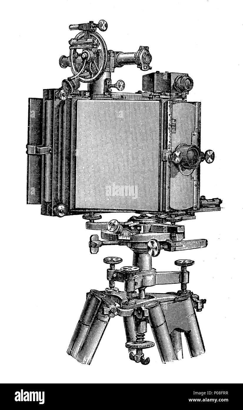 Eine Phototheodolit von Hartl, theodolit ist ein Präzisionsinstrument zur Messung der Winkel in der horizontalen und vertikalen Ebenen, digital verbesserte Reproduktion einer Vorlage drucken aus dem Jahr 1881 Stockfoto