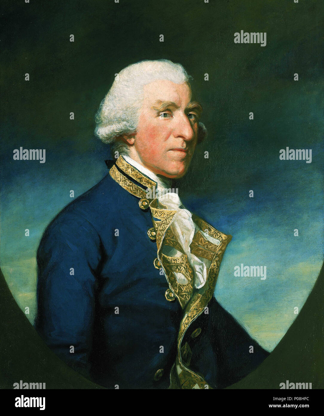 . Englisch: Admiral Samuel Hood, 1724-1816, 1. Viscount Haube ein Brustbild nach rechts, das Tragen der Fahne Officer in voller Uniform, 1767-83, und weiße Perücke. Der Hintergrund besteht aus blauen Himmel und die untere Hälfte bildet eine bemalte Oval. Haube diente unter Sir George Rodney in Westindien und als Kommandeur des Geschwaders in der Schlacht der Heiligen, 1782 erhielt er die Kapitulation der De Grasse, dem französischen Admiral. 1793, als Commander-in-chief im Mittelmeer, beschäftigte er Toulon. Dies war seine letzte aktive Service, bevor er Gouverneur wurde von Greenwich Hospital bis zu seinem Tod. Stockfoto