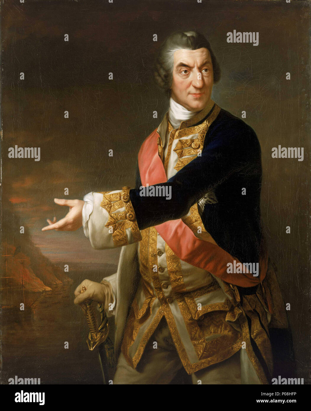 . Englisch: Admiral Sir Charles Saunders, C. 1713-1775 drei - Viertel - Länge Porträt von links nach rechts, mit dem sitter trägt Fahne - Rechnungsführer in voller Uniform, 1767-83. Mit einem dunklen tie-Perücke, er trägt auch der Multifunktionsleiste und Stern des Ordens der Badewanne, einem Dark Navy Jacke und weißer Weste bestickt mit Gold. Seine behandschuhten Rechten hält sein Schwert Griff. Seine linke Hand Gesten in den Hintergrund auf der linken Seite, Angabe der nächtlichen Angriff der französischen Feuer - Flöße auf seiner Flotte in Quebec im Jahre 1759. Sir Charles Saunders, Admiral der Blau, befahl die Seestreitkräfte, die zusammen mit Wolfe betrieben i Stockfoto