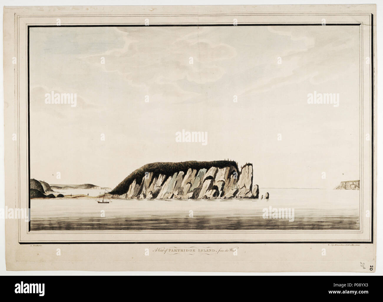 . Englisch: Eine Ansicht von Partridge Island, vom westThere sind drei Varianten dieser Ansicht in der Sammlung. HNS 20 A die Umgebung von Fort Cumberland in der Bucht von Fundy. ca. 1776. Des Barres; Joseph Friedrich Wallet des Barres 241 Blick auf Rebhuhn Insel, aus dem Westen RMG-K 0073 Stockfoto