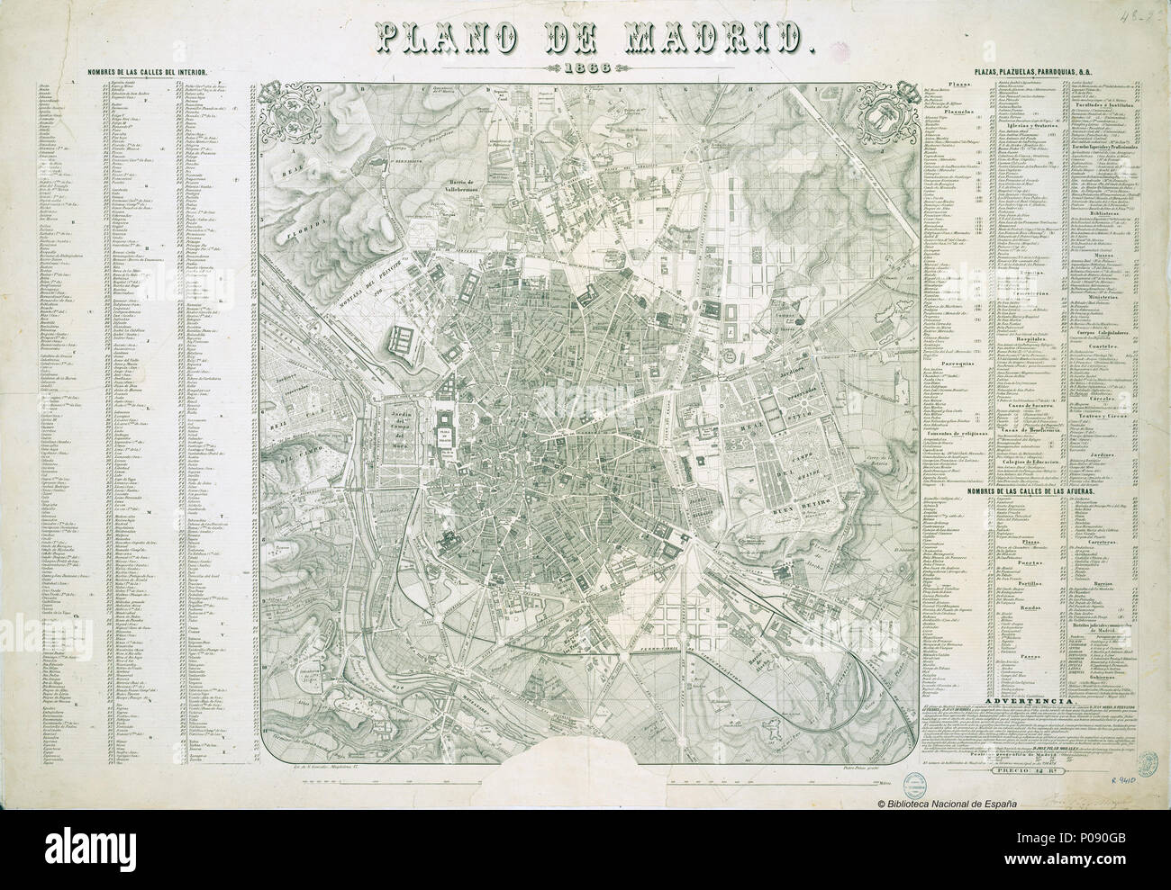 . Español: Plano de Madrid... levantado ein expensas del Excmo. Ayuntamiento desde 1841 a 1846 por los Ingenieros de Caminos D. Juan Merlo, D. Fernando Gutierrez y D. Juan Ribera... ; La rectificación Innenraum, El aumento Exterior y el dibujo, Han sido hechos por D. José Pilar Morales; Pedro Peñas grabó. 1866. Morales, José Pilar Peñas, Merlo, Pedro Juan Gutiérrez, Fernando Ribera, Juan de Litografía de N. González (Madrid) 6 Plano de Madrid en 1866 Stockfoto