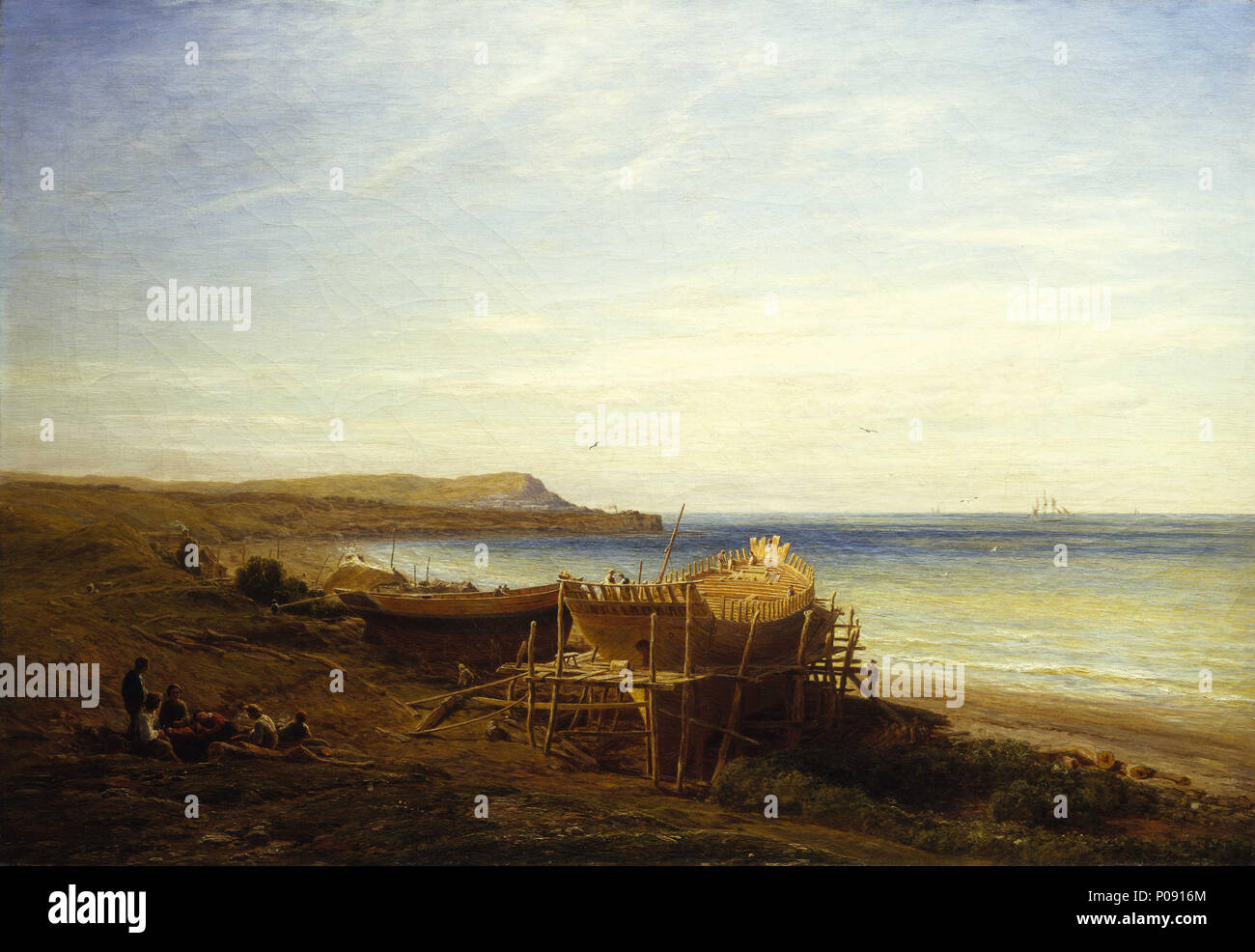 . Englisch: Eine neue Braut für die Meer Ausgestellt an der Königlichen Akademie in 1865, weitläufige Küste Danby die Landschaft bietet eine idyllische Vision von ländlichen Arbeitskräften im viktorianischen England. Es schlägt unveränderliche Leben und Werte, Ausgleich der Gruppe Familie Arbeitnehmer in den Vordergrund mit dem traditionellen Handwerk des Schiffbaus in der Distanz, die beide sichtbar sind in Harmonie mit der natürlichen Schönheit der umgebenden Landschaft und das Meer. Der Titel deutet darauf hin, dass diese lokale - aber auch implizit national-Beziehung zum Meer ist auch ein natürliches und familial. Eine neue Braut für das Meer. 1865. Th Stockfoto