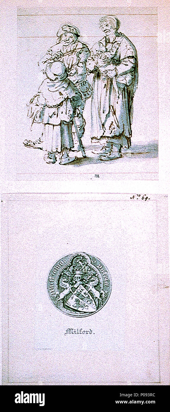 . Englisch: ein Mann, eine Frau und ein Mädchen, mit freistehenden sekundäre Stütze montiert, Lager der Milford Ansammlung Platte diese Skizze zeigt eine Gruppe von zwei Erwachsene und zwei Kinder, eines davon ein Baby. Der Mann spielt die Geige, anscheinend für die Belustigung der Mädchen, das hält einen Korb. Die Darstellung der Kleidung der Figuren deuten auf eine Robustheit, die wiederum ihren Status als Bauern anzeigen kann. Die unsignierten Zeichnung stammt aus der Milford Sammlung, aber sein Stil unterscheidet sich von anderen Abbildung Zeichnungen aus der gleichen Quelle jetzt bei den NMM. Die gemeinsame Herkunft hat. l Stockfoto