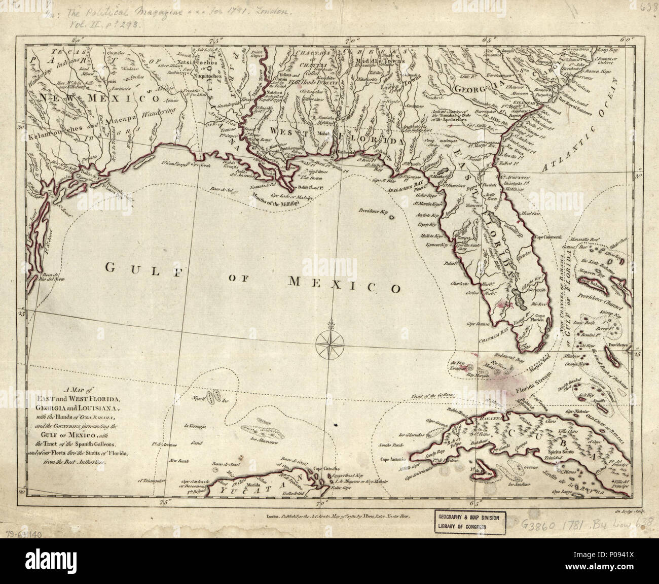 . Englisch: skalieren kann. 1: 5.300.000. Relief bildlich dargestellt. Hand gefärbt. Erscheint in der politischen Magazine, Mai 1781, v. 2. LC-Karten von Nordamerika, 1750-1789, 1405 auch durch die Bibliothek des Kongresses Website als Rasterbild. Vault AACR2: 100; 651/1;700/1. Eine Karte von Ost und West Florida, Georgia und Louisiana: mit den Inseln Kuba, Bahama, und die Länder rund um den Golf von Mexiko, mit dem Trakt des spanischen Galeonen und unserer Flotten thro' in der Straße von Florida, aus den besten Behörden. 1781. Bew, John; Lodge, John 128 eine Karte von Ost und West Florida, Ge Stockfoto