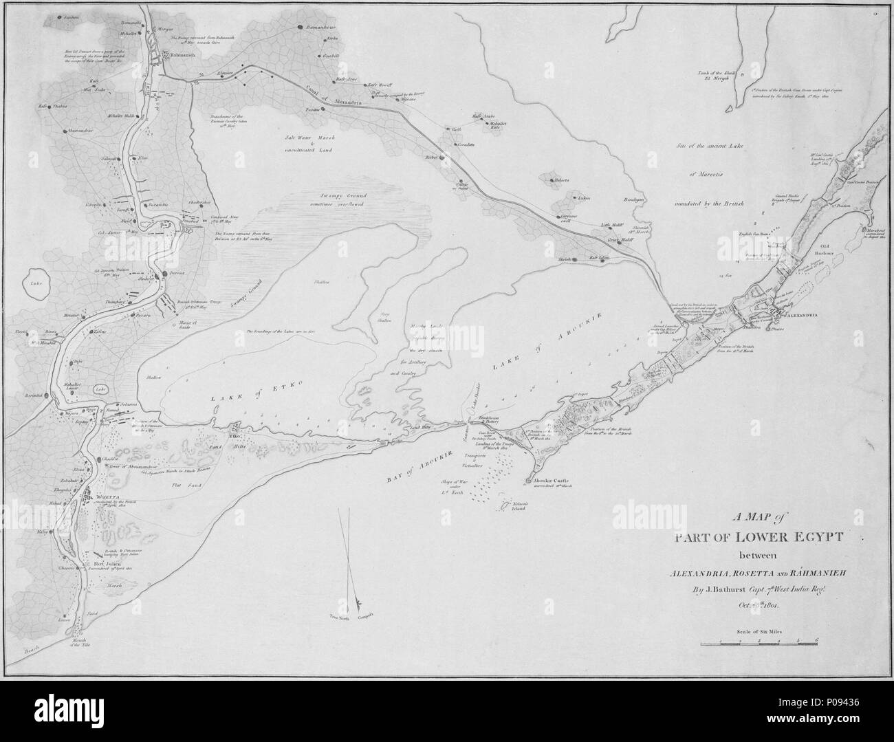 . Englisch: eine Karte der Teil von Ägypten zwischen Alexandria, Rosetta und Rahmanieh von J. Bathurst Kapitän 7 West Indien Regt. 28. Oktober 1801 Blatt. Hand col.engr. Maßstab: [Ca. 1:140 000 (bar)]. Kartografische Hinweis: Nord bei 180 Grad. Ungraduiert. Skala in Meilen. Eine Karte der Teil von Ägypten zwischen Alexandria, Rosetta und Rahmanieh von J. Bathurst Kapitän 7 West Indien Regt. 28. Oktober 1801. 1801. Kapitän J. Bathurst 128 eine Karte der Teil von Ägypten zwischen Alexandria, Rosetta und Rahmanieh von J. Bathurst Kapitän 7 West Indien Regt. 28. Oktober 1801 RMG-E0381 Stockfoto
