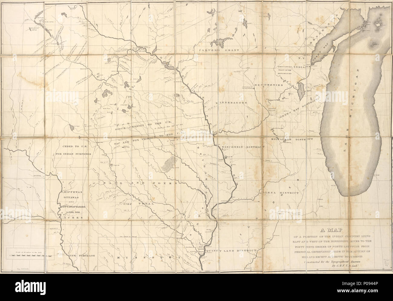 128 eine Karte von einem Teil der indischen Land östlich und westlich des Mississippi Flusses zu den 40 6. Grades nördlicher Breite aus persönlicher Beobachtung im Herbst 1835 hergestellt und die jüngsten LOC 96683128 Stockfoto