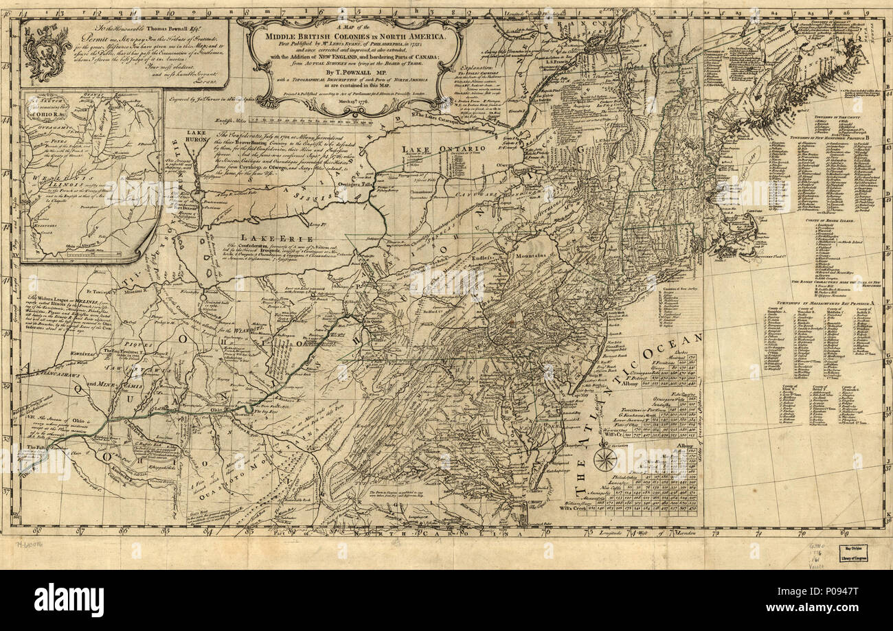 129 eine Karte des Nahen britischen Kolonien in Nordamerika. Zuerst von Lewis Evans, von Philadelphia veröffentlicht, 1755; und da korrigiert und verbessert, als auch erweitert, mit dem Zusatz von New England, LOC 74693076 Stockfoto