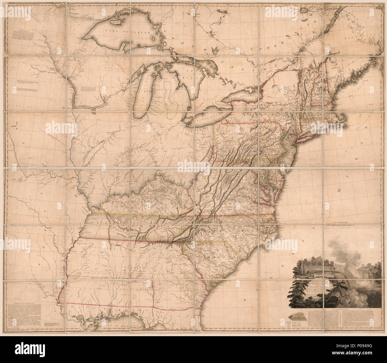 . Englisch: Zeigt wenige Straßen und hat "Tennassee Regierung" auf Blatt 3. Entlastung durch hachures. In niedrigeren Margen: London: veröffentlicht, die Akte von A. Arrowsmith, Charles Street, Soho Square, Januar 1st, 1796 leitet. Dies ist tooley von 1796 (a) Ausgabe der Karte. R.V. Tooley, Zuordnung von Amerika, 1980, S. 79. LC Wanderwege, 18 enthält Hinweise und Illustration und Text über Niagara Falls. LC kopieren montiert in zwei Blätter, in sechs geschnitten und montiert auf zwei Stücke Stoff. Auch verfügbar in der Bibliothek des Kongresses Website als Rasterbild. . Eine Karte der Vereinigten Staaten von Nordamerika. 1802. Arr Stockfoto