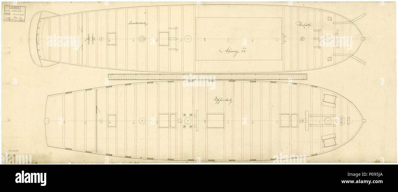 . Englisch: alkmene (1779) Ex-französischen Alkmene (1774) Maßstab 1:48. Die quater Deck, die Back und upperdeck Pläne für Alkmene (1779), in dem ein französische Fregatte, wie vor dem Ausschalten in Woolwich Dockyard als 32-gun, fünfte Rate Fregatte eingebaut werden. NMM, Fortschritt Buch, Band 5, Folio 517, dass "Alkmene" (1779) wurde von den französischen in Westindien am 21. Oktober 1779 erfasst. 'Alkmene' an Woolwich Dockyard am 17. Juli 1781 kamen und angedockt am 3. September 1781, wo die Kupfer abgebaut wurde. Sie war Anfang März 1782 recopped und am 13. März 1782 ausgedockt, Segeln am 25. April Stockfoto