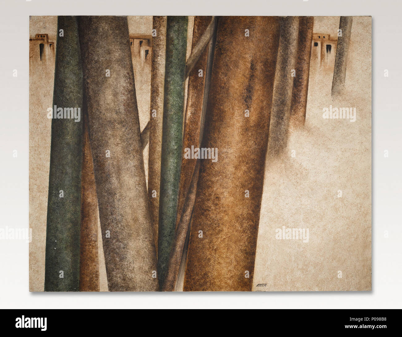 . Englisch: Untitled (BAUMSTÄMME UND VILLAGE Szene) Sepehri Öl auf Leinwand 115,5 von 149,5 cm signiert.; 45 1/2 bis 58 7/8 in. Circa 1972 ausgeführt. Die Echtheit dieser Arbeit wurde freundlicherweise von der Familie des Künstlers bestätigt worden, Teheran. Provenienz Sammlung des Künstlers, Teheran direkt Erworben von der Künstlerin, die von den heutigen Eigentümer Vater ca. 1972. ca. 1972. Sohrab Sepehri (1928 - 1980) Beschreibung iranischer Maler, Dichter und Schriftsteller Geburtsdatum / Tod vom 7. Oktober 1928 vom 21. April 1980 Ort der Geburt / Todes Kashan Teheran Arbeitsort Iran (Tehran) Kontrolle: Q 469991 VI. Stockfoto