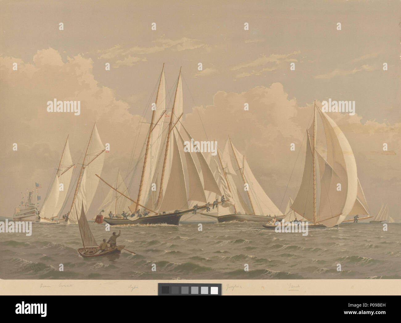 . Englisch: Amerikanische Yachten Platte XIII. Von Sou' West spucken. Roamer, Krokodil, Clytie, Äsche, Fanita Label auf der Rückseite beschriftet Artist's Proof Nr. 99. . 1884. Cozzens, Frederic S (Künstler); Scribner's, Charles und Söhne (Herausgeber); Sir W. G. Armstrong Whitworth und Co. Ltd (Drucker) 283 Amerikanische Yachten Platte XIII. Von Sou' West spucken. Roamer, Krokodil, Clytie, Äsche, Fanita RMG-PY 9010 Stockfoto